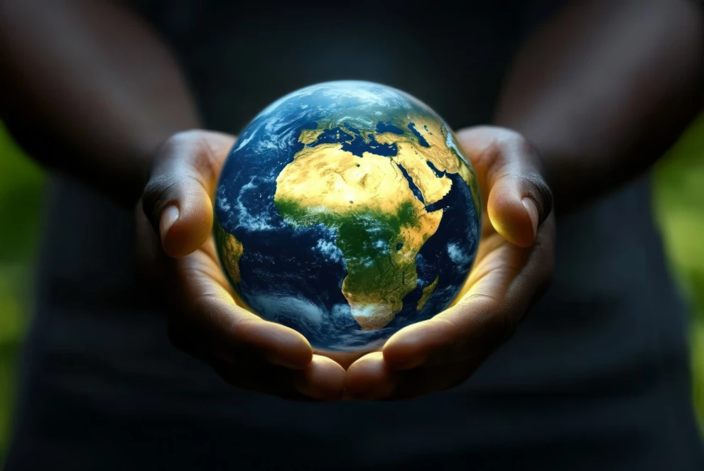 Zwei Hände halten eine leuchtende Weltkugel mit Fokus auf Afrika und Europa – ein Symbol für globale Verantwortung, Nachhaltigkeit und Zusammenhalt.
