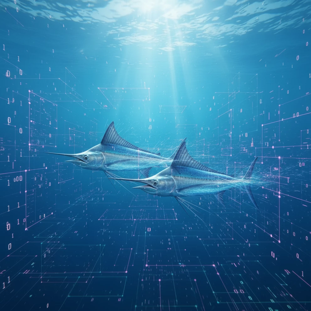 Die Illustration zeigt zwei nahezu identische Fische in einer digitalen Datenumgebung und symbolisiert die Erkennung doppelter Datensätze. Das Bild steht im Zusammenhang mit einem kostenfreien Webinar der ISO-Gruppe zum Marlin Dubletten Check und verdeutlicht die automatisierte Identifikation, Analyse und Bereinigung von Dubletten zur Sicherung hoher Datenqualität in SAP-Systemen.