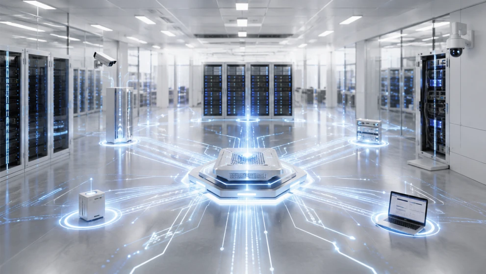 Vernetzte Server, Systeme und Endgeräte in einer modernen IT-Umgebung als Darstellung integrierter Security-Lösungen.