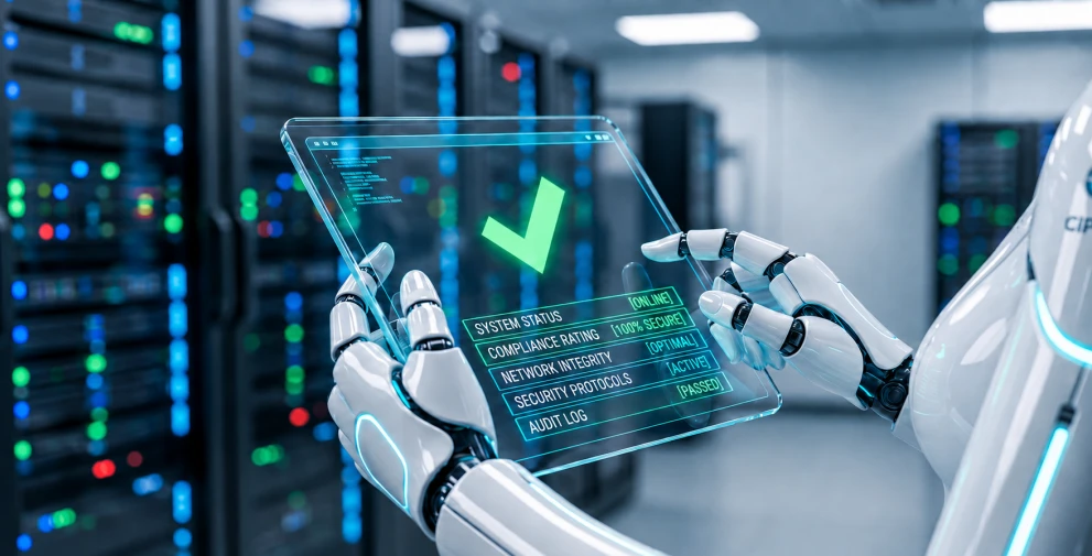 Robotische Hände prüfen auf einem digitalen Interface Systemstatus, Compliance und Sicherheitsprotokolle in einer Serverumgebung.