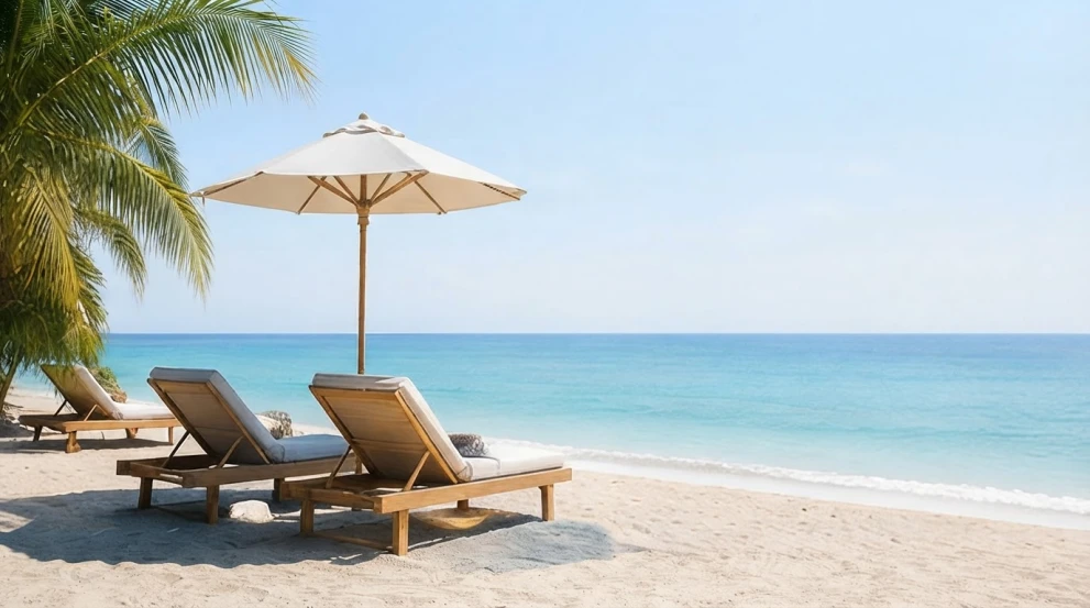 Beach with sun loungers and parasol representing a potential Yield:up use case for package holiday businesses.