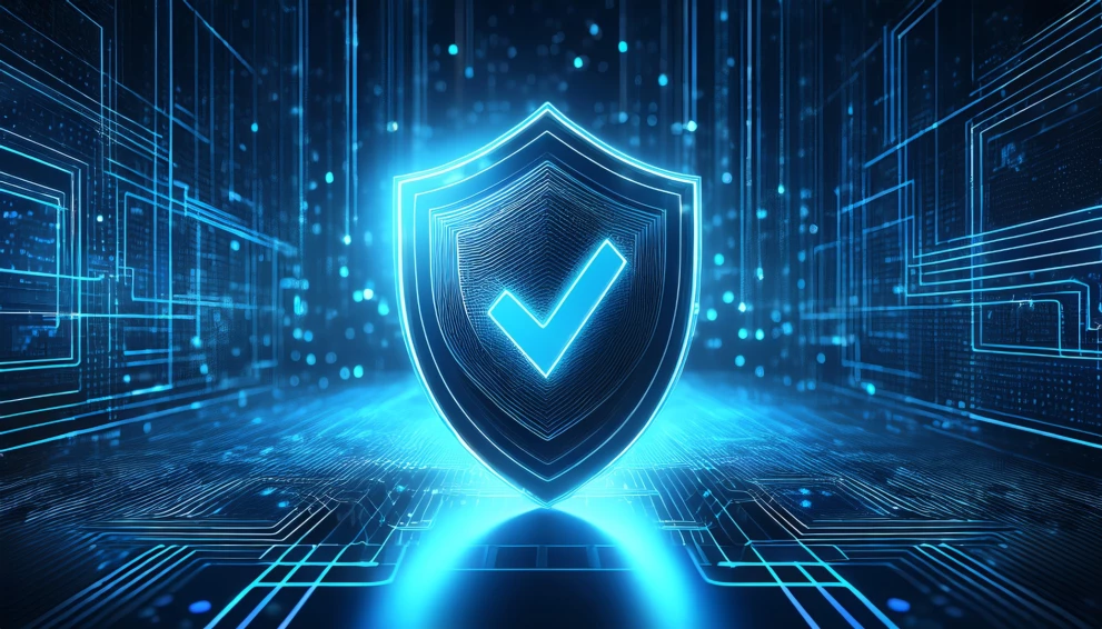Visual representation of digital security: The image features a glowing shield with a checkmark, symbolizing a successful cyber risk check. Ideal for topics related to IT security, risk assessment, and digital protection measures.