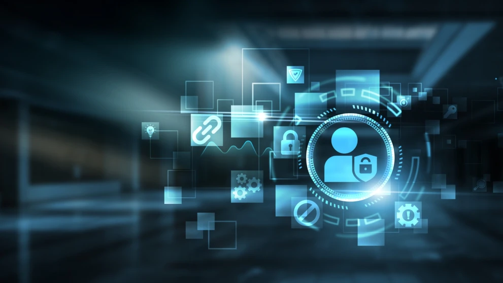 Ein digitales Interface mit Nutzer- und Schloss-Symbolen steht für automatisierte Compliance-Prüfungen und kontrollierte Zugriffsrechte. Das Motiv passt zu KI-gestützter Governance, Identity & Access Management, Audit-Trails und Continuous Compliance in regulierten IT-Umgebungen.