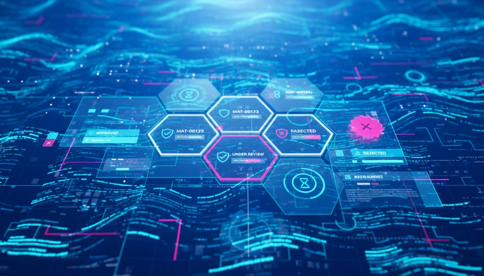 The illustration visualizes digital verification and approval processes within a connected data environment. The image is related to a free webinar by ISO-Gruppe about Marlin Compliance Screening, highlighting automated checks of business partners, sanctions and compliance requirements to support secure and compliant business processes in SAP systems.