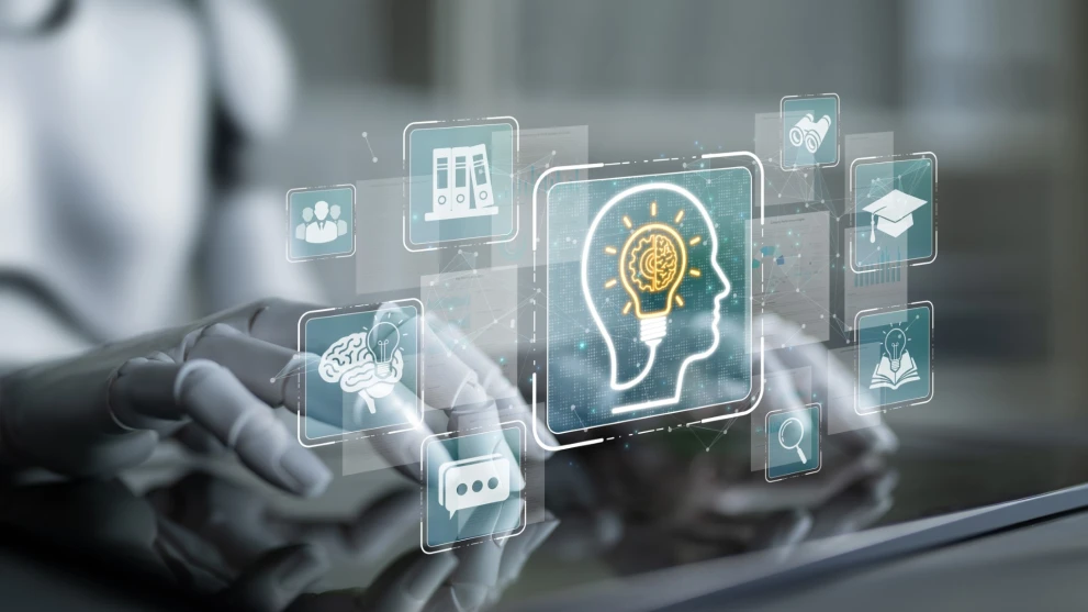 The image illustrates cognitive AI with visual cues for learning, search, collaboration, and insights. It’s well suited for content about cognitive computing, intelligent assistants, knowledge management, and data-driven decision support in enterprise environments.