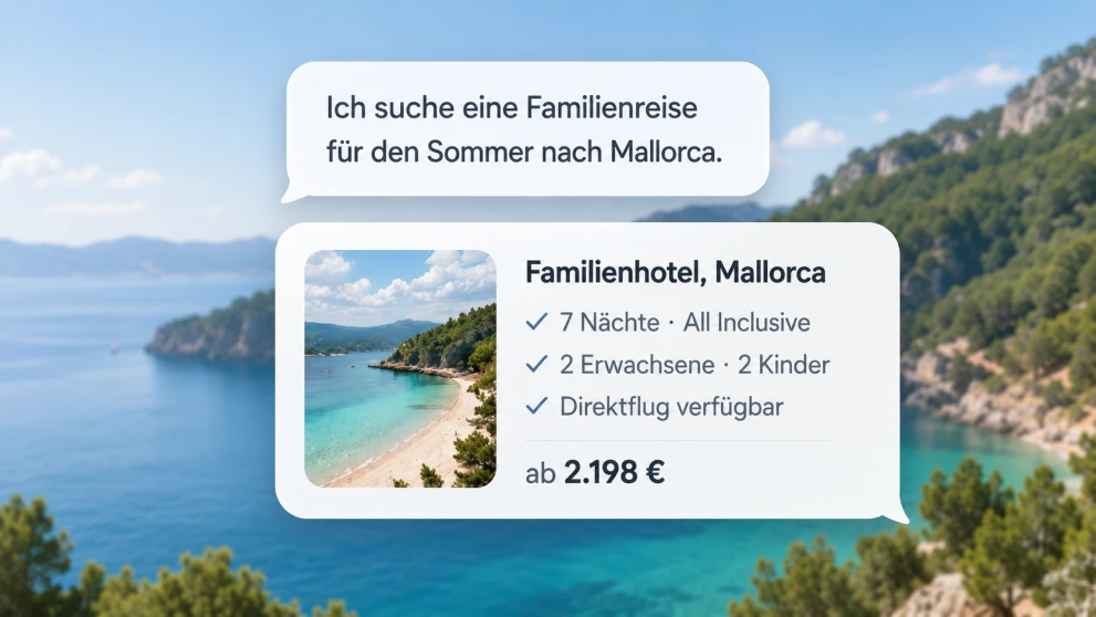 Semantic search showing a natural-language request for a family holiday in Mallorca and a matching travel offer.